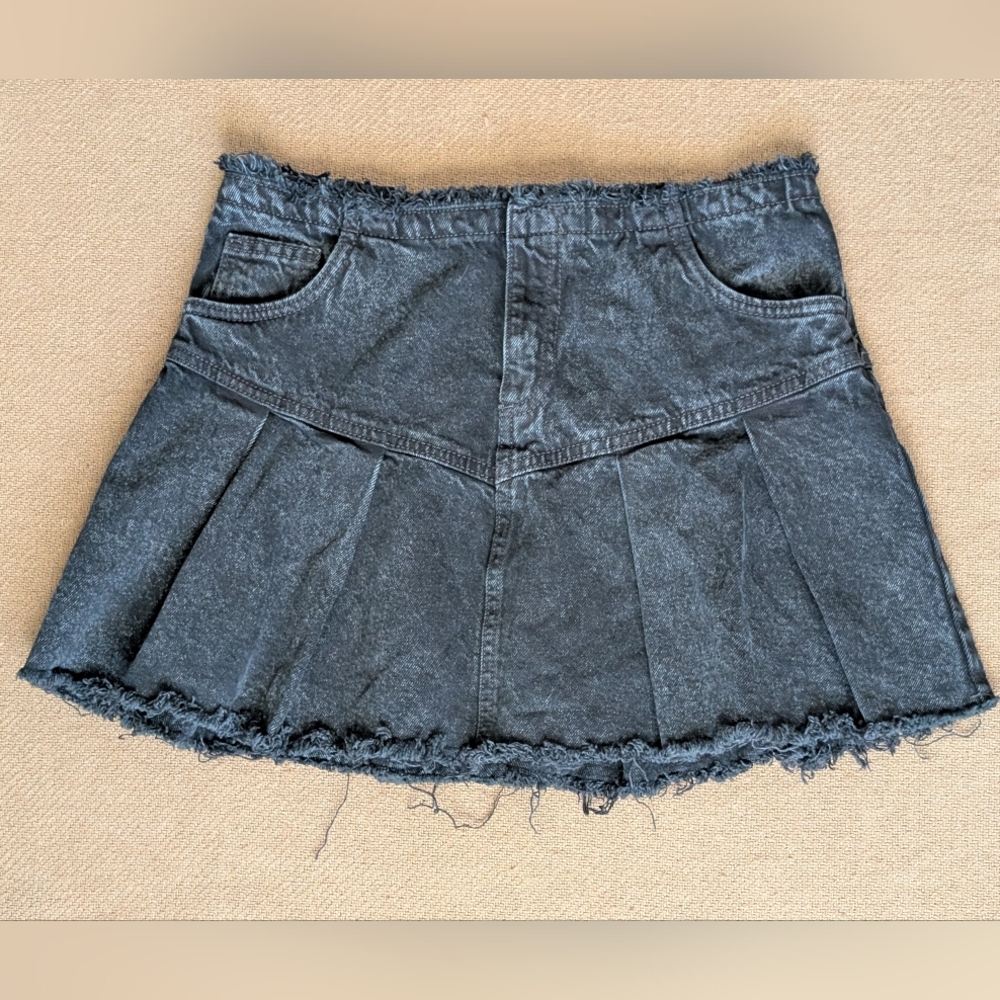 Cotton On Black Denim Pleated Mini Skirt Distressed Hem